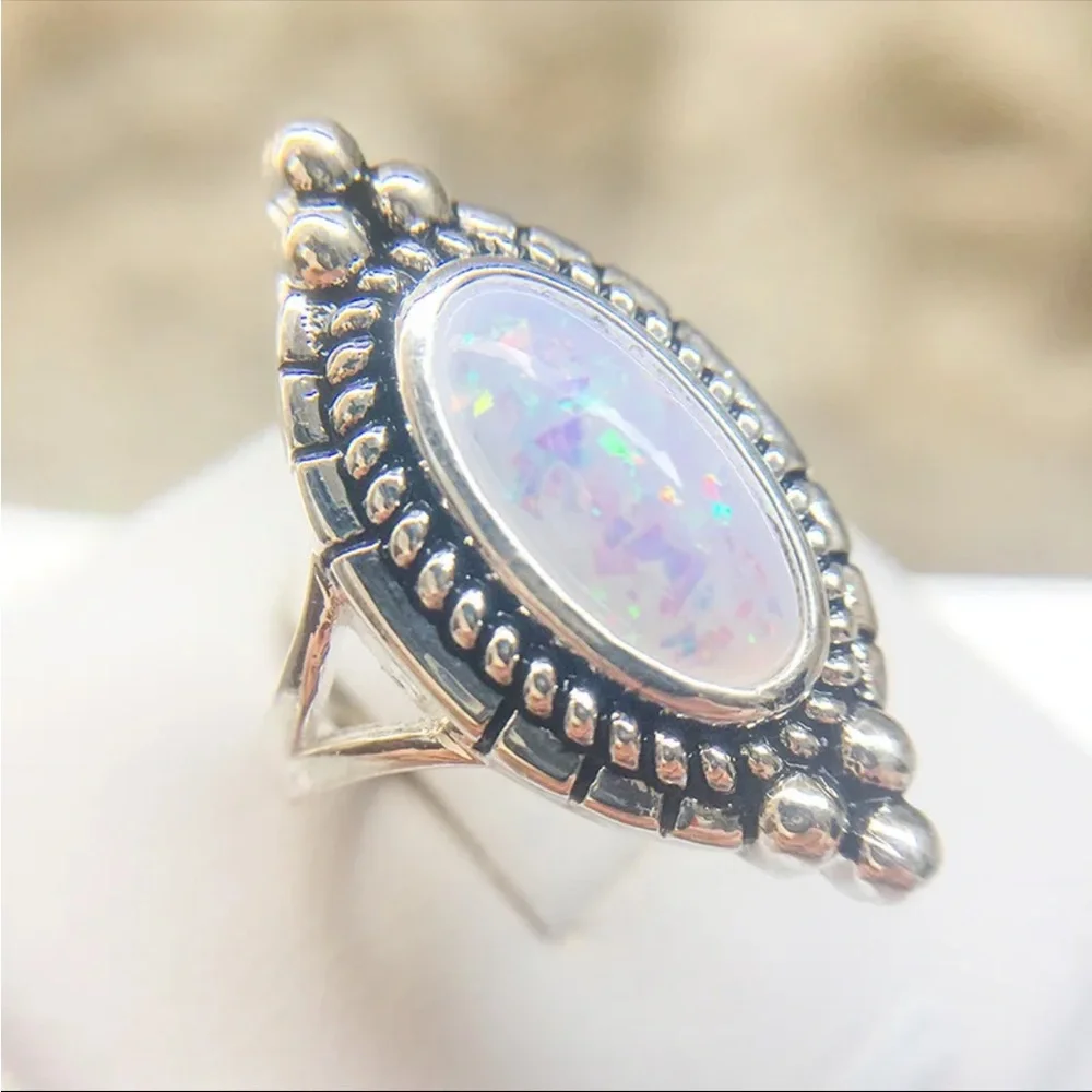 New Delicate Oval Ring White Gold Bohemian 925 Silver Retro Flower Opal Ring - Picture 4 of 8